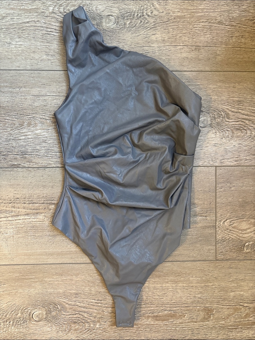 naked wardrobe Vegan Faux Leather Draped Pleated Ruched One-Shoulder Bodysuit